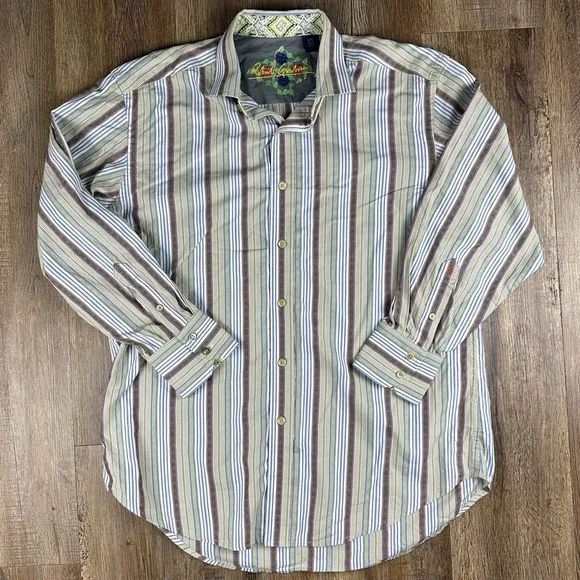 Robert Graham Button Down Shirt Mens Large Flip Cuffs Green Floral Long Sleeve - Picture 2 of 5